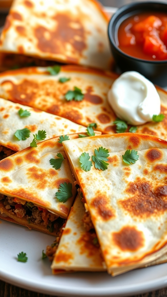 Golden brown ground beef quesadilla cut into wedges, served with salsa and sour cream.